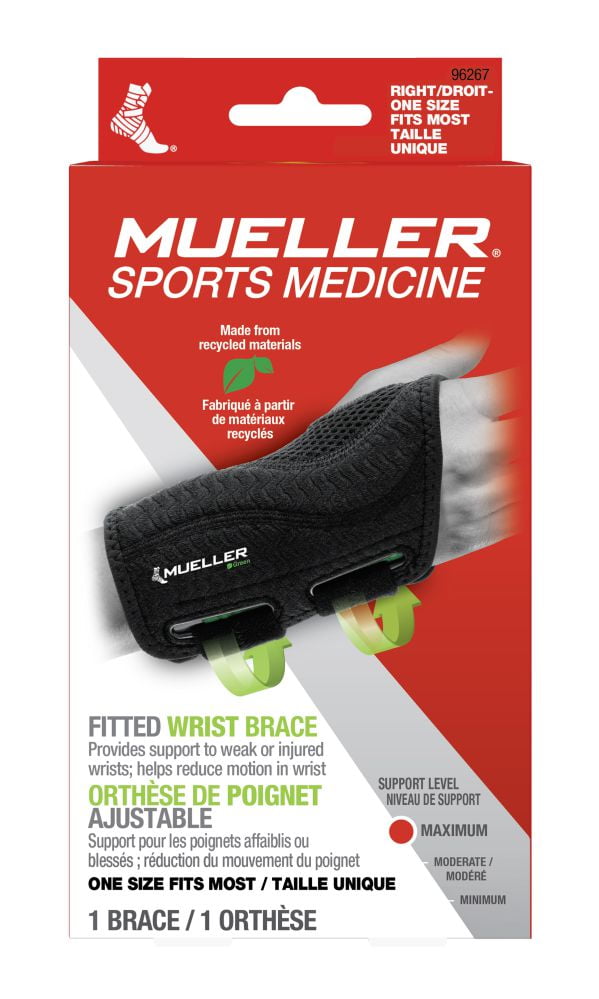 Mueller Green Fitted Wrist Brace, Black, One Size Fits Most, Right Hand