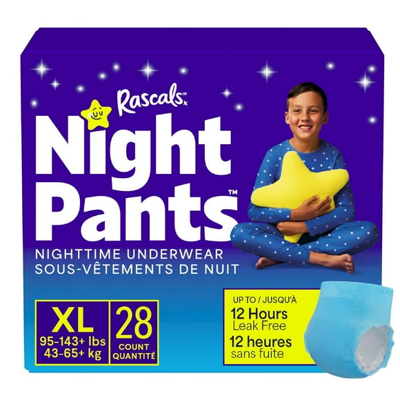 Rascals Night Pants, Absorbent Disposable Boys Nighttime Bedwetting Underwear, XL (95-143+ lbs), 28 count