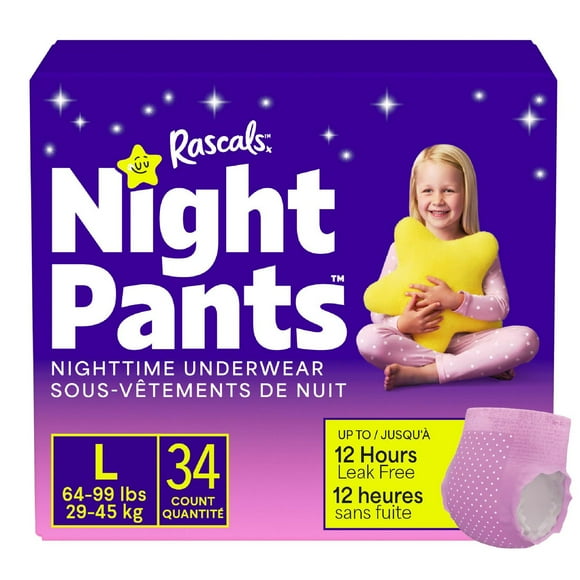 Rascals Night Pants, Absorbent Disposable Girls Nighttime Bedwetting Underwear, L (64-99 lbs), 34 Count