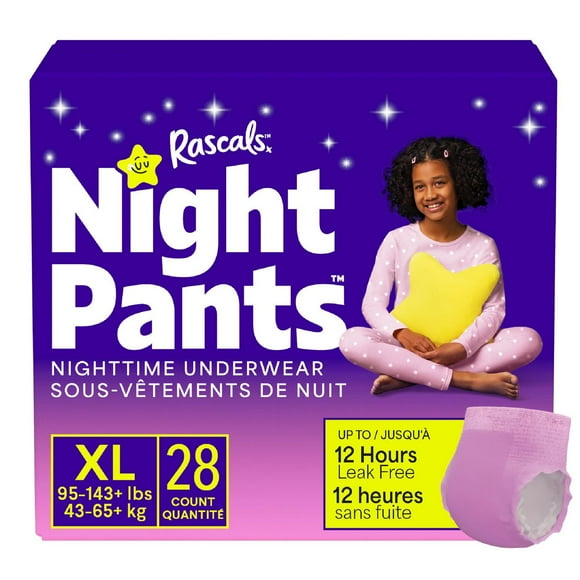 Rascals Night Pants, Absorbent Disposable Girls Nighttime Bedwetting Underwear, XL (95-143+ lbs), 28 Count