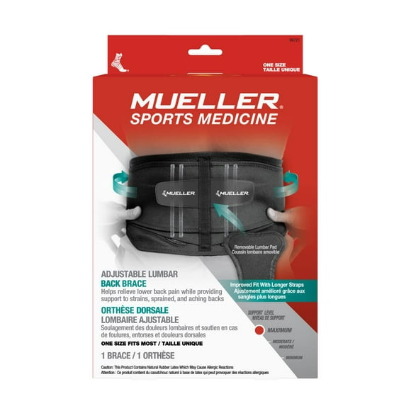 Mueller Adjustable Lumbar Back Brace with Removable Pad, One Size Fit Most up to 50" waist