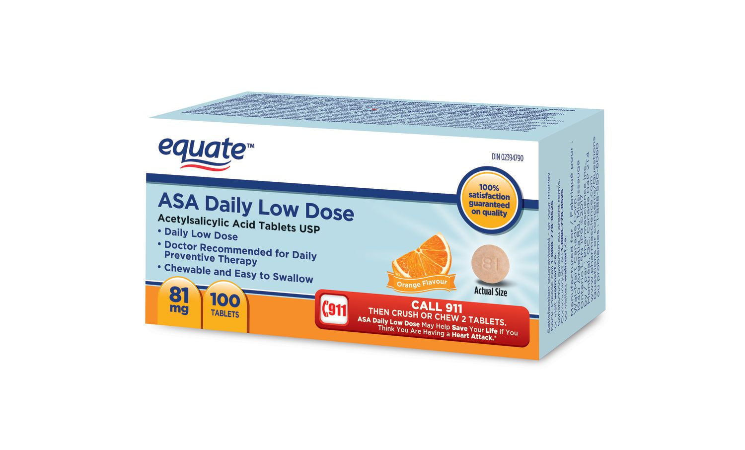 Equate Asa 81 mg  Orange Flavour Chewable Tablets, 100 Tablets