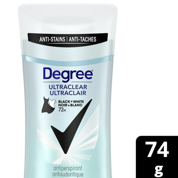 Degree UltraClear Antisudorifique en Bâton pour 72 h de protection contre les odeurs et la transpiration Black + White anti-taches jaunes et marques blanches 74g