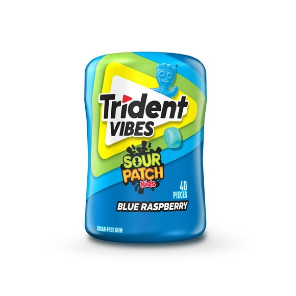 Trident Vibes, Blue Raspberry Sugarfree Gum Bottle, 40 Pieces, Trident Vibes Sour Patch: Bold blue raspberry gum