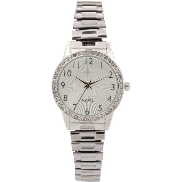 Women’s Silver-Tone Quartz Watch with Crystal Bezel and Textured Dial
