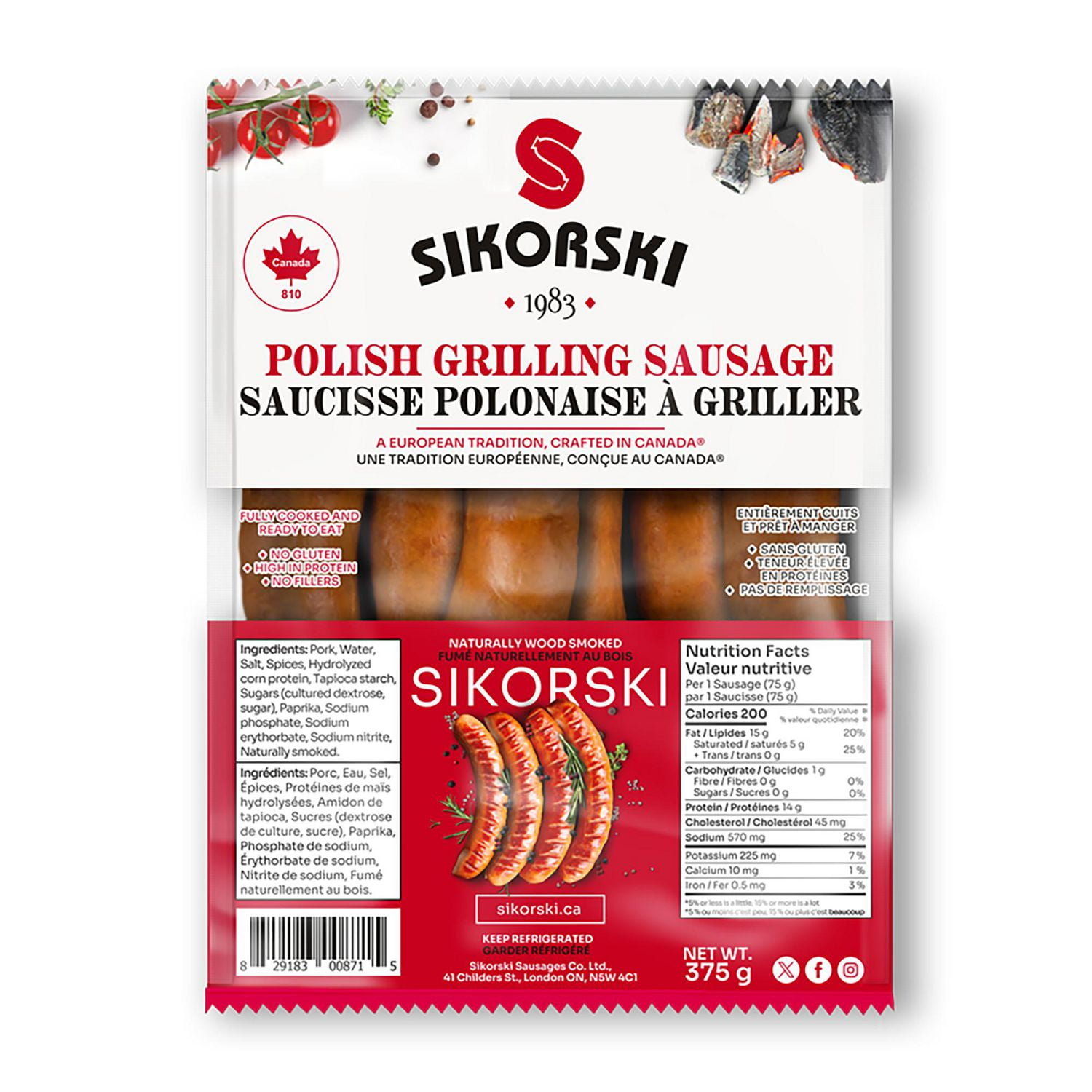 Sikorski Sausages Saucisse Polonaise à Griller Saucisse de porc fumée naturellement au bois