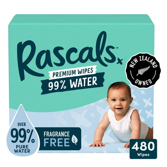 Rascals 99% Water Premium Wipes, Multipack, 480 Count, Baby Essential, Daily Use