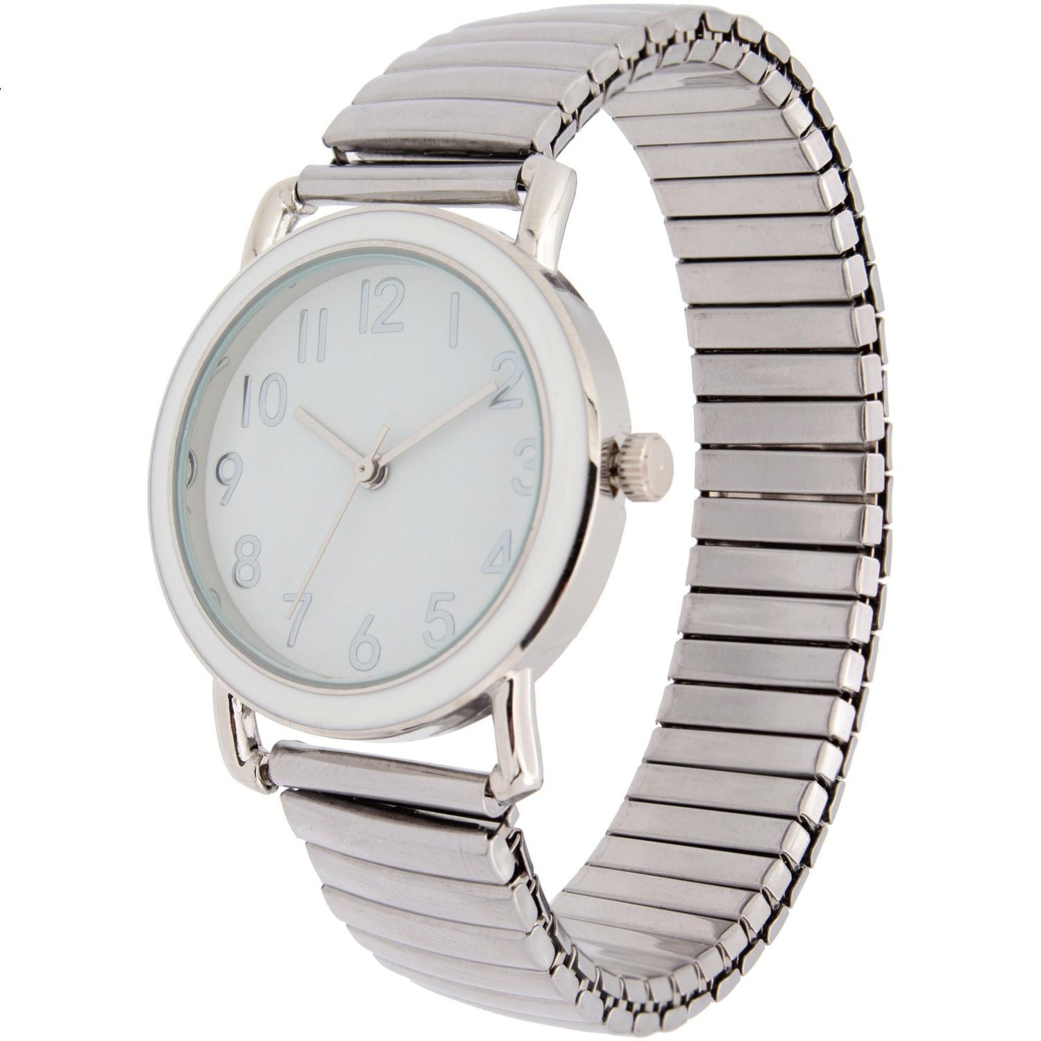 Women’s Silver-Tone Quartz Watch with Large White Dial and Expansion Band, Ladies Fashion Watch