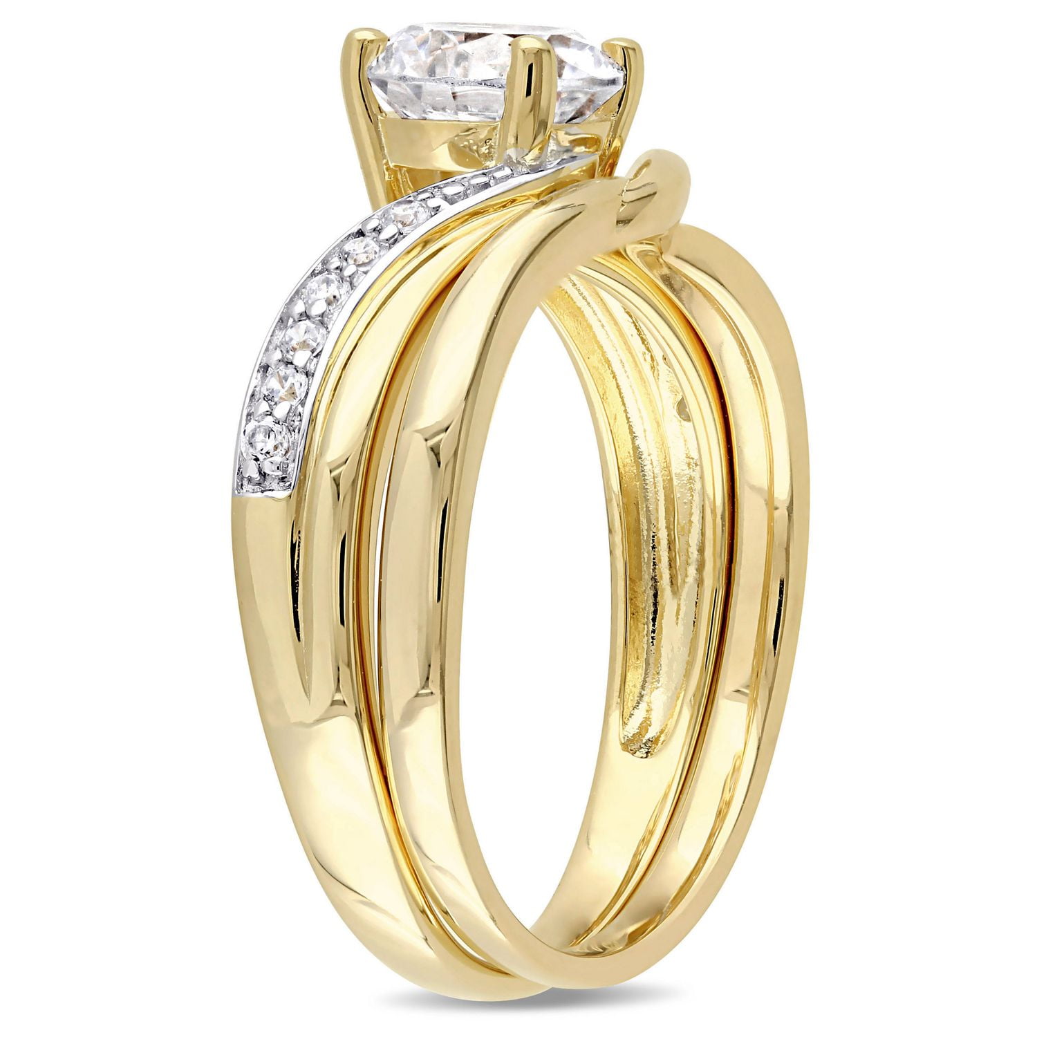 Ensemble nuptial à sections divisées avec zircons cubiques de 2,10 ct PBT en argent sterling plaqué de rhodium jaune de Miabella