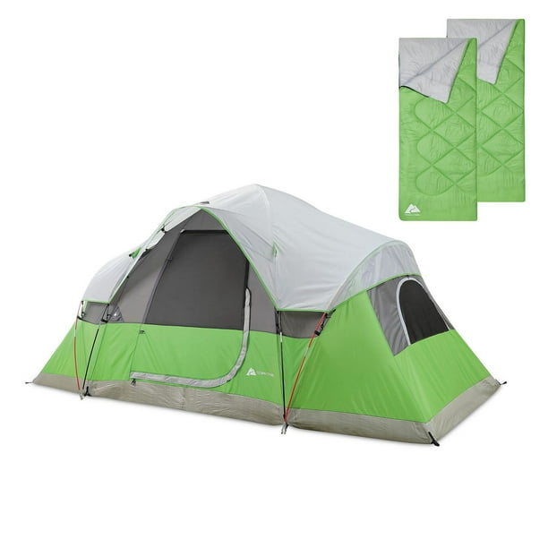 Ensemble de camping Ozark Trail de 3 pièces et Hub Quick Up pour une installation facile, 2 sacs de couchage pour adultes, sac de transport inclus, couleur verte/grise taille : 13 pi x 7 pi x 5 pi 6 po
