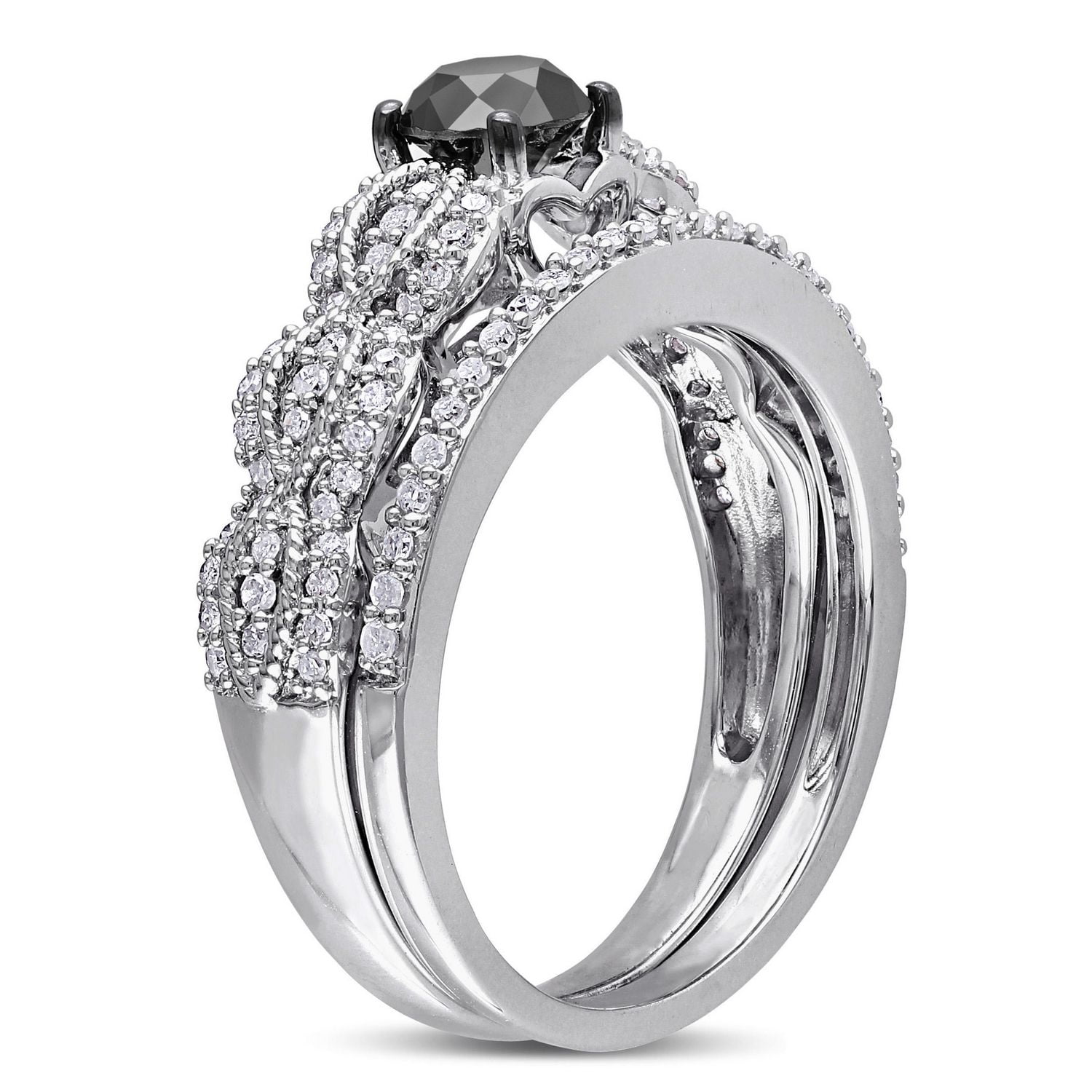 Ensemble nuptial à effets superposés Asteria avec diamants blancs et noir d'1 ct poids total en argent sterling