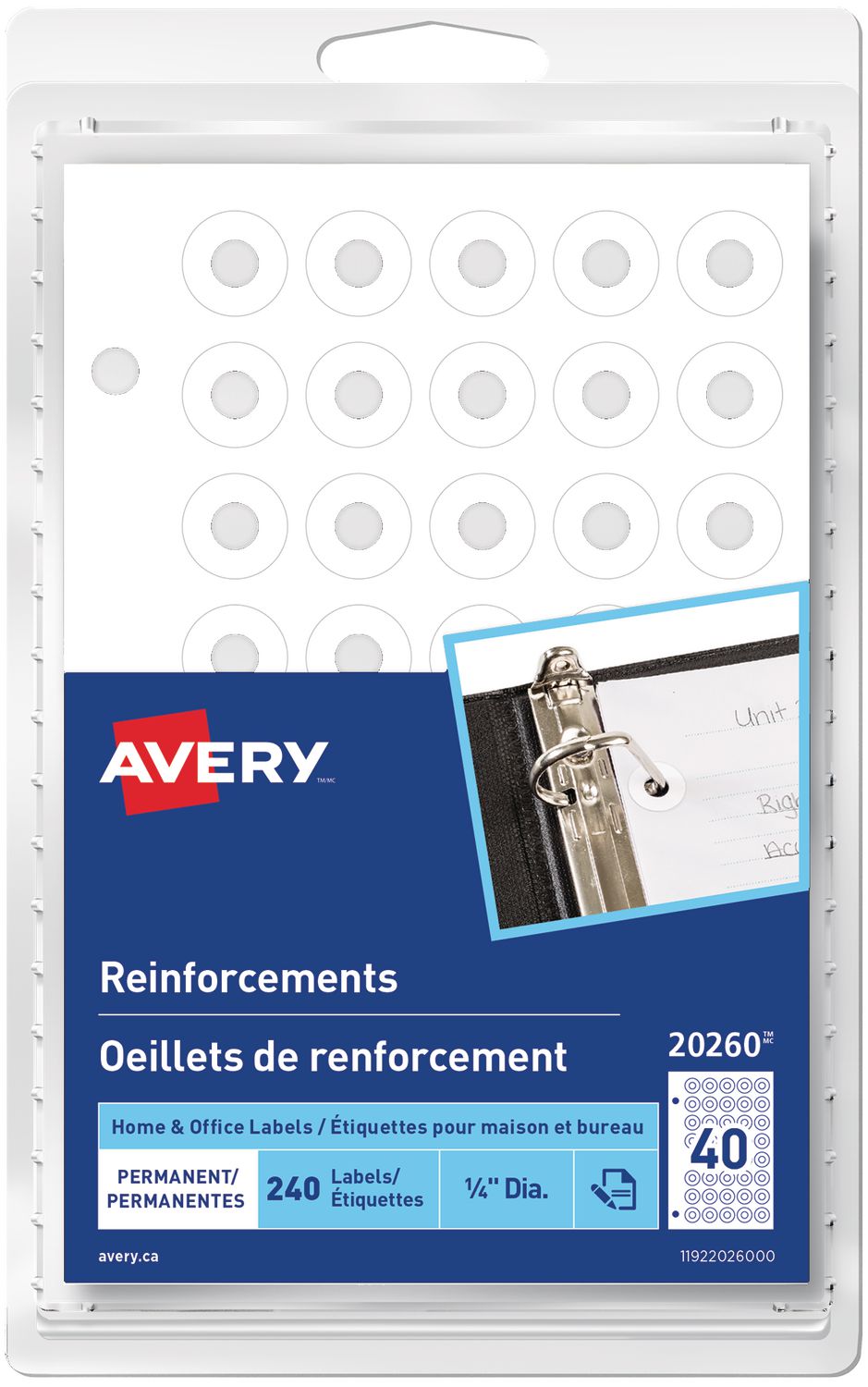 Avery Permanent White Reinforcements Labels, Pack of 240, 1/4 Dia.