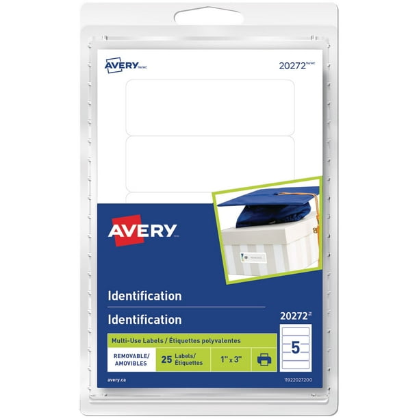 Étiquettes d'identification amovibles Avery en blanc Paq. de 25, 1 x 3 po