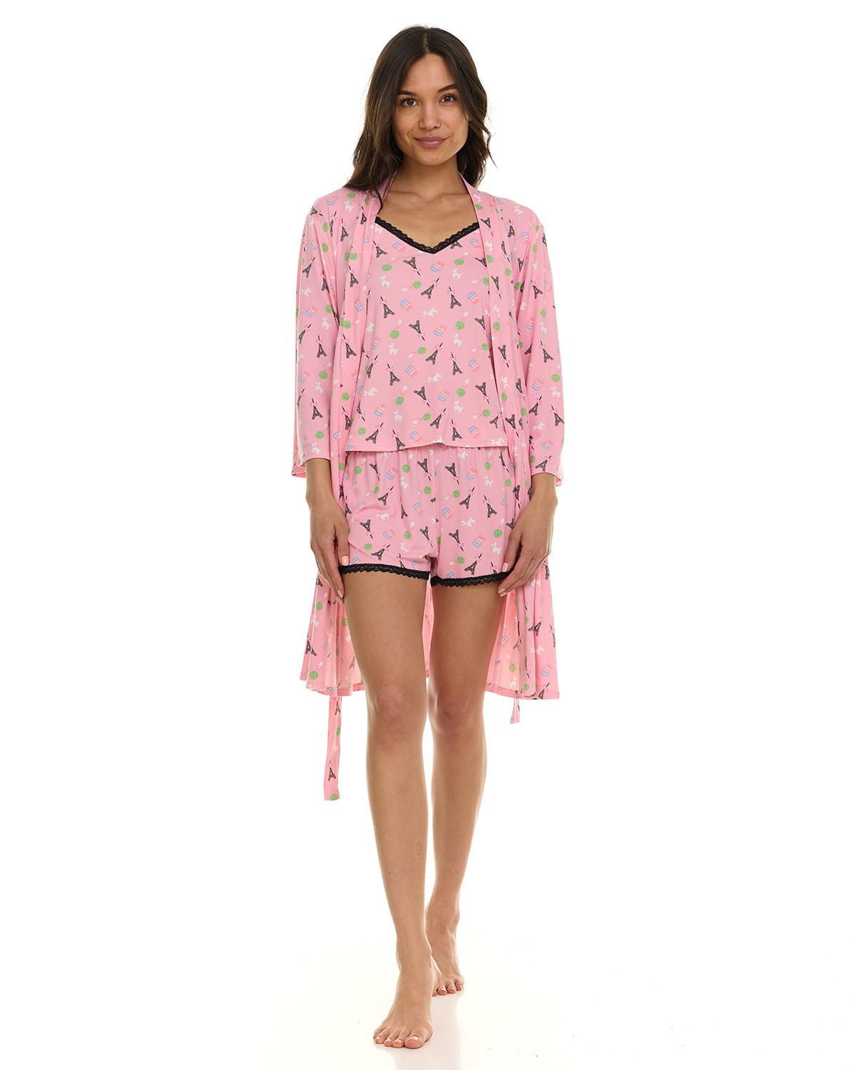 Ensemble pyjama 3 pièces confortable pour femme : peignoir, haut caraco et short – Exclusivité en ligne