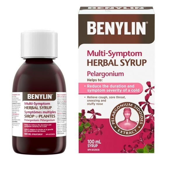 Sirop à base de plantes Benylin Symptômes multiples, antitussif, soulagement du mal de gorge, rhume, Pelargonium sidoides 100 ml