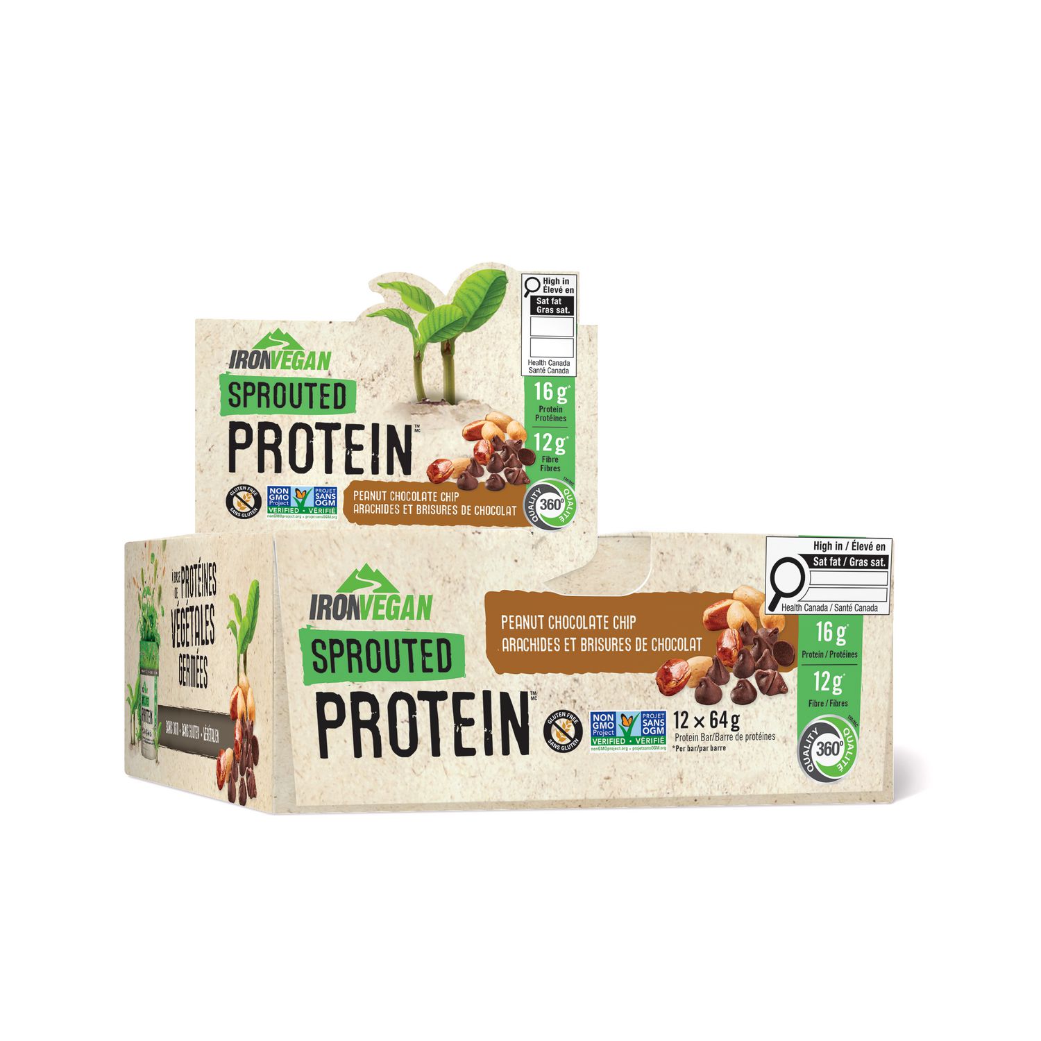 Iron Vegan Sprouted Protein Bars Peanut Chocolate Chip, Pack of 12