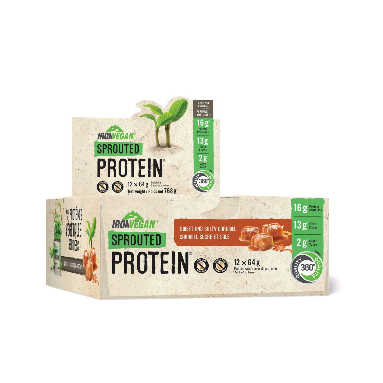 Jamieson Laboratories Iron Vegan Sprouted Protein Bars, 16 g Protein, Sweet & Salty Caramel Flavour, 12 Count