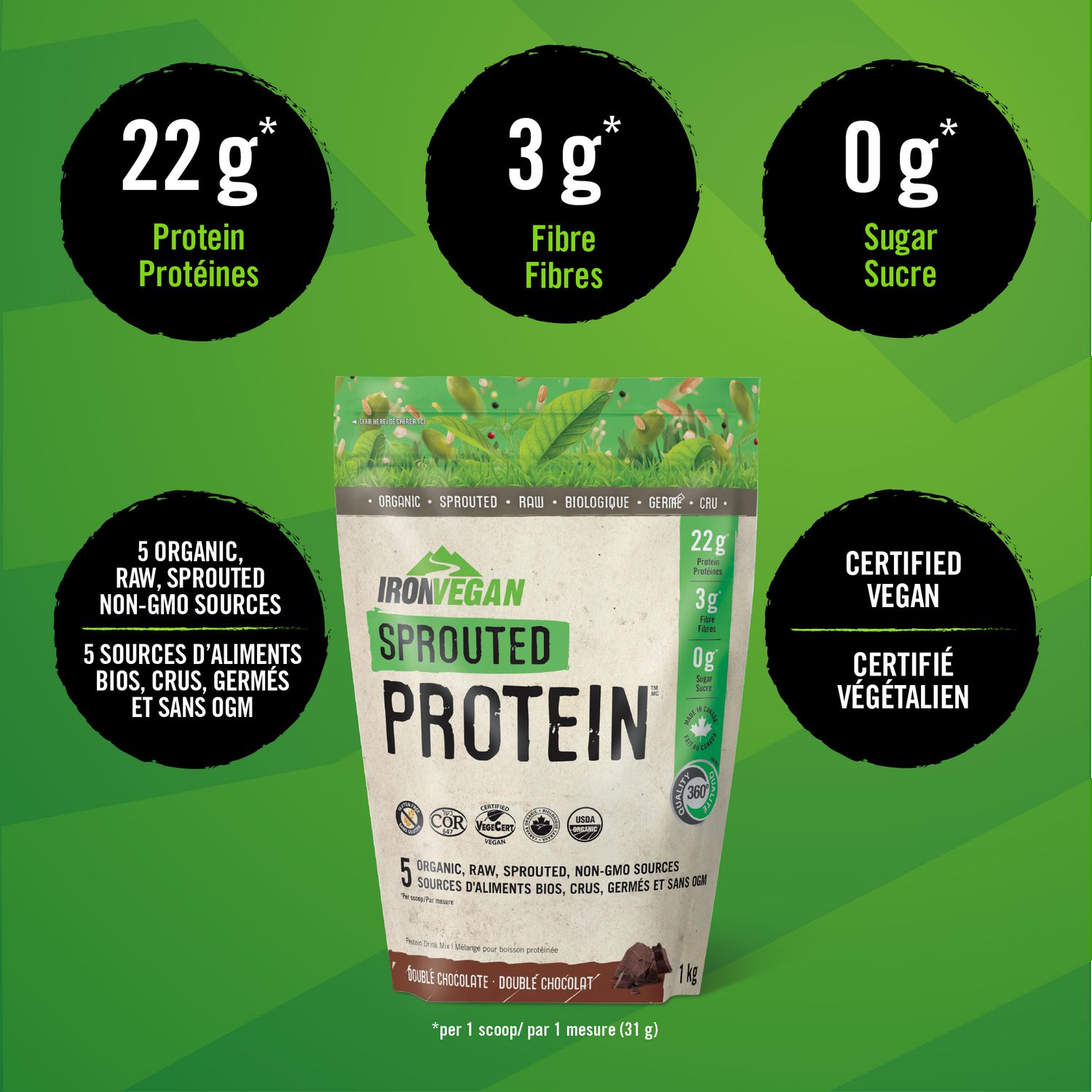 Iron Vegan Sprouted Protein Powder Double Chocolate, 1 kg