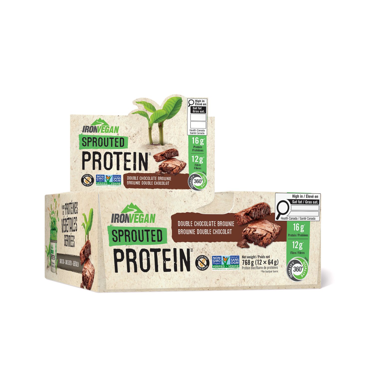 Iron Vegan Barres de Protéines Germées Double Chocolat Brownie, Paquet de 12