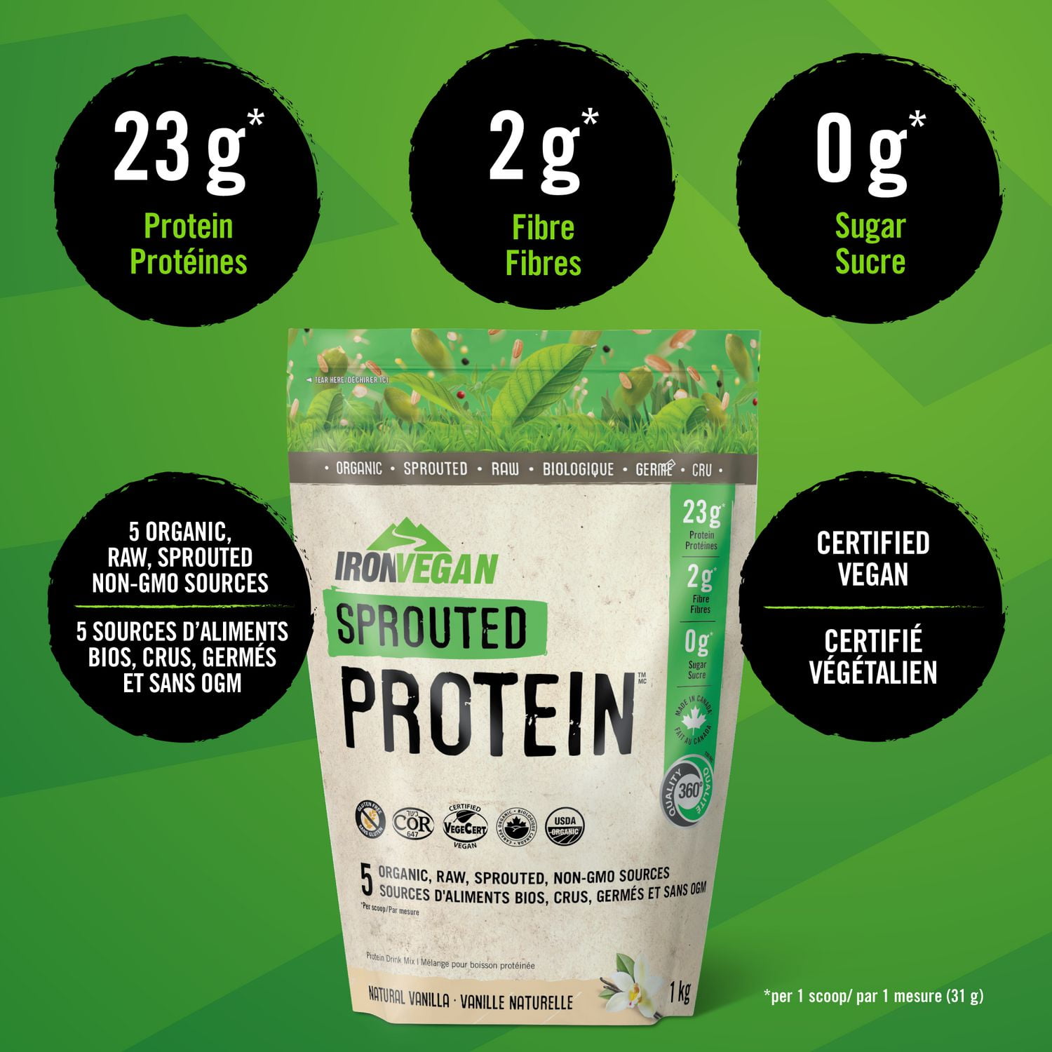 Iron Vegan Sprouted Protein Powder Natural Vanilla, 1 kg