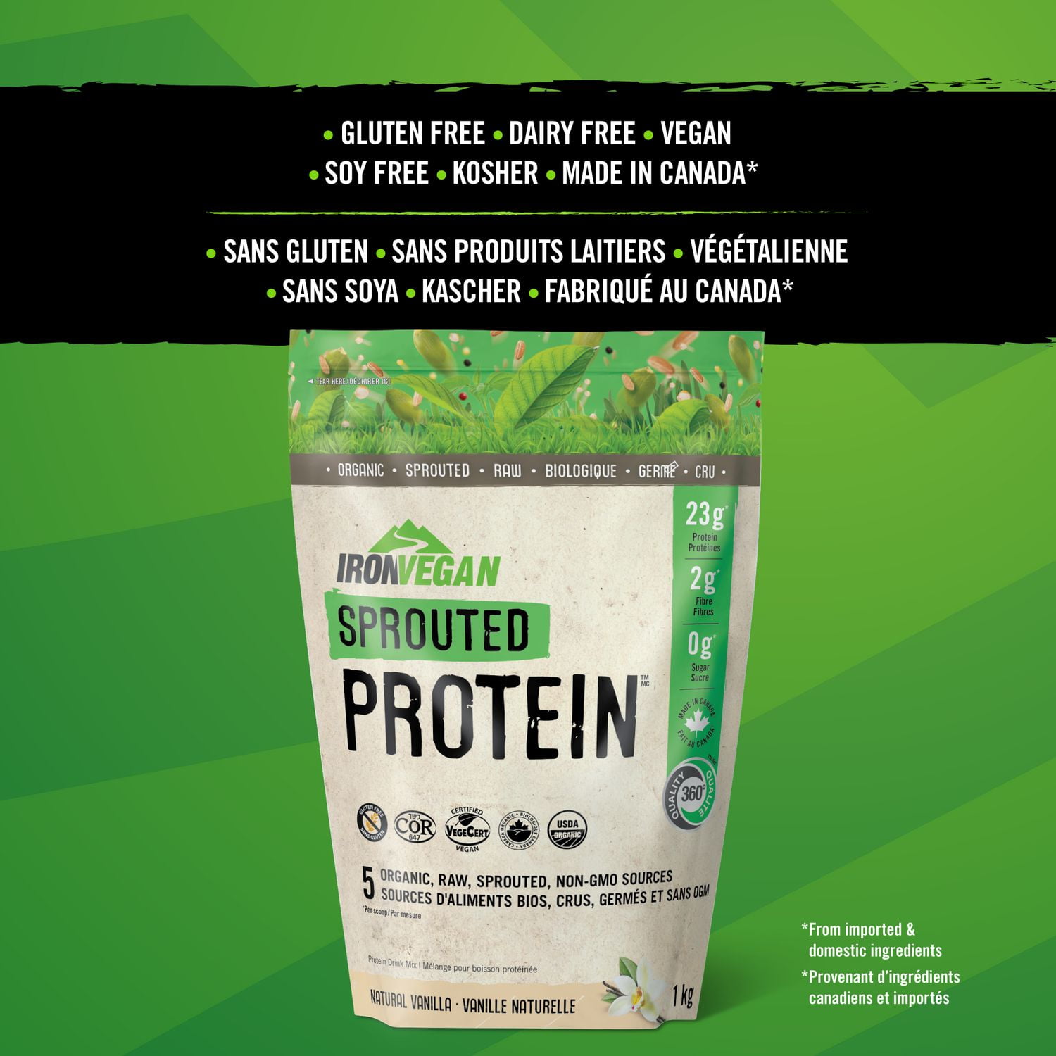 Iron Vegan Sprouted Protein Powder Natural Vanilla, 1 kg