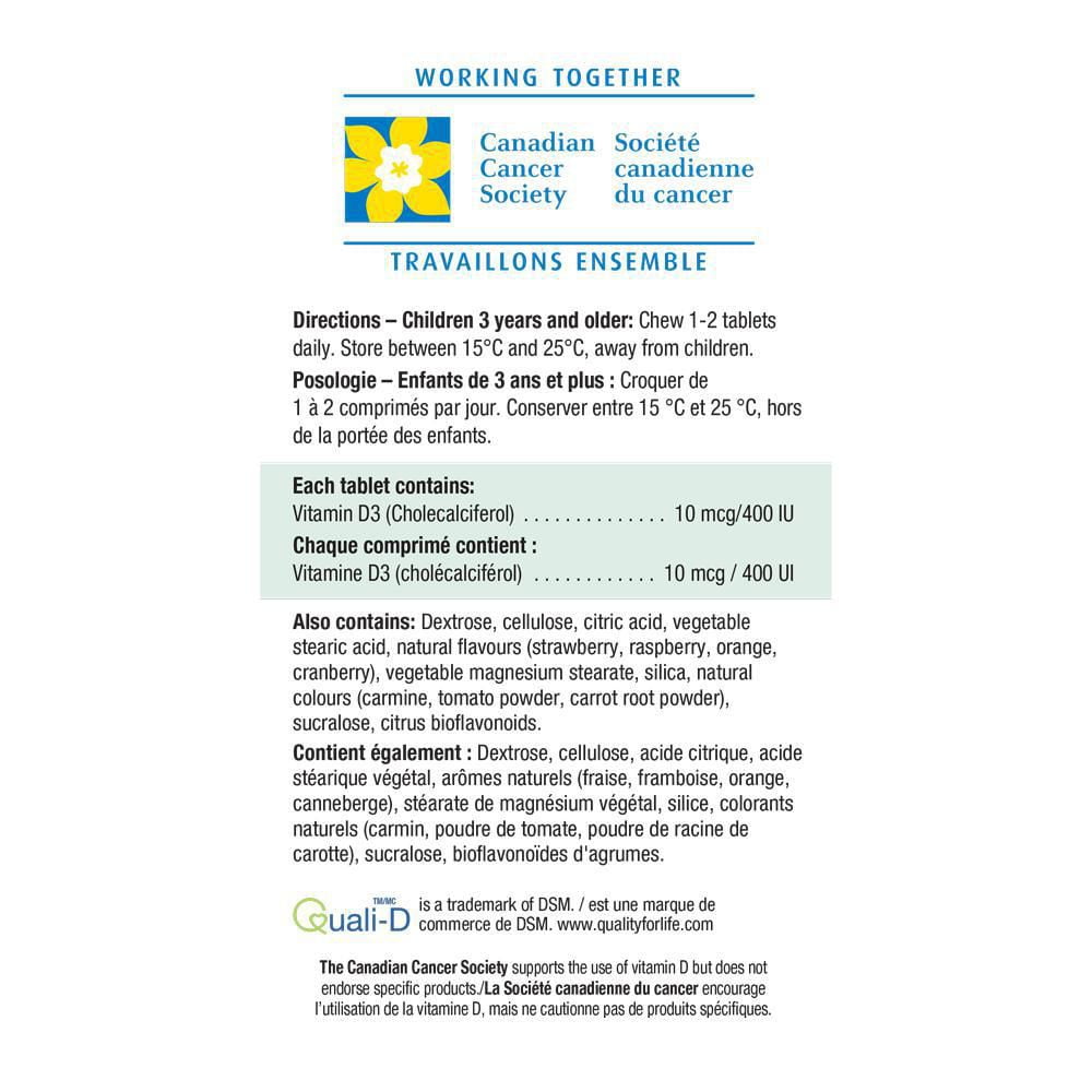 Jamieson Chewable Vitamin D3 400 IU For Kids Strawberry Flavour Tablets, 100 tablets