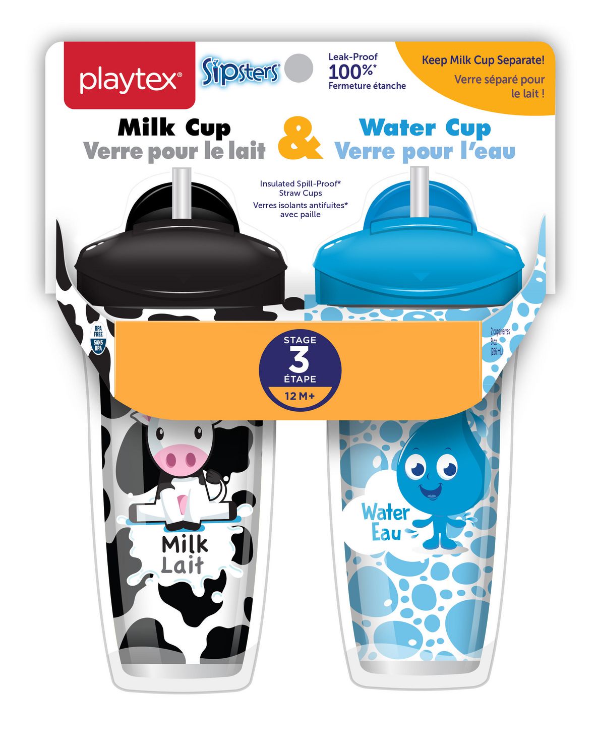 Playtex Baby Sipsters Spill-Proof Milk & Water Straw Cups for Kids, Stage 3  (12+ Months), Pack of 2 Cups, 2 Pack, stage 3 