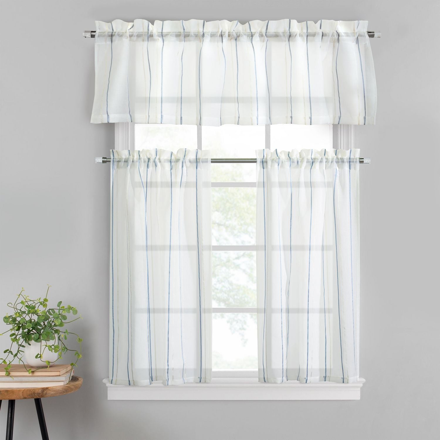 Melbourne Kitchen Curtain Valance and Tiers 3pc Set with Blue Stripes