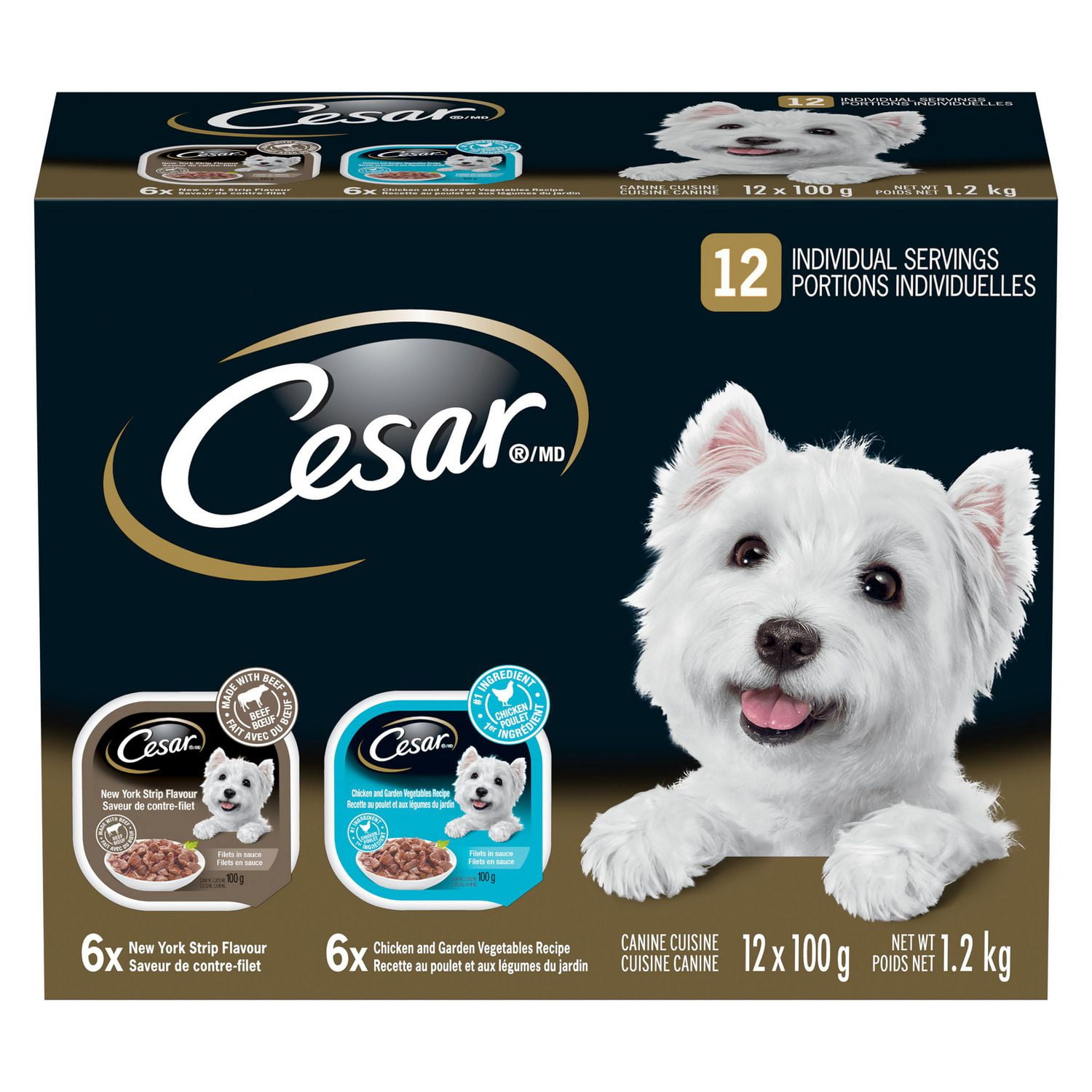 Cesar Adult Filets in Sauce Chicken Garden Vegetables New York Strip Flavour Variety Pack Soft Wet Dog Food 12x100g