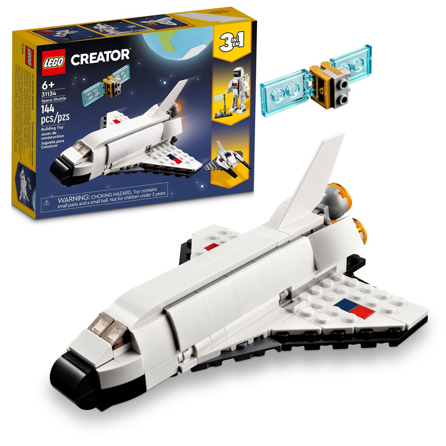LEGO Creator 3 in 1 Space Shuttle Toy to Astronaut Figure to Spaceship  31134, Building Toys for Kids, Boys, Girls ages 6 and up, Creative Gift  Idea, Includes 144 Pieces, Ages 6+ 