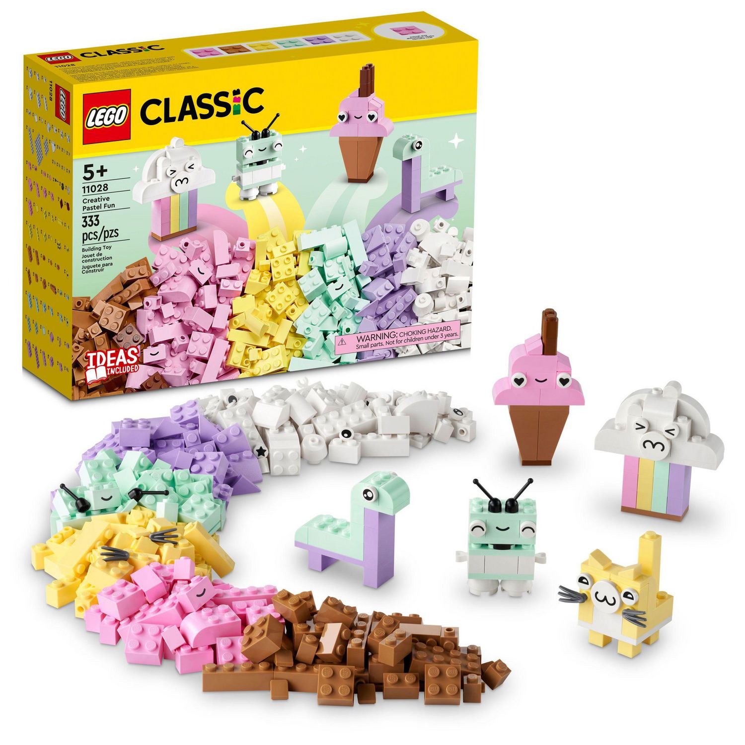 LEGO Classic Creative Pastel Fun Bricks Box 11028, Building Toys for Kids,  Girls, Boys ages 5 Plus with Models; Ice Cream, Dinosaur, Cat & More,