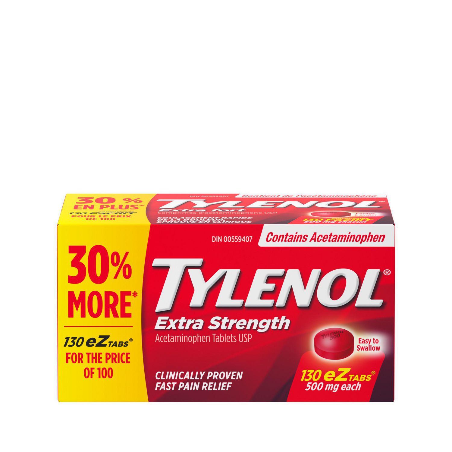 Tylenol Extra Strength Pain Relief Acetaminophen 500mg EZTabs, Bonus