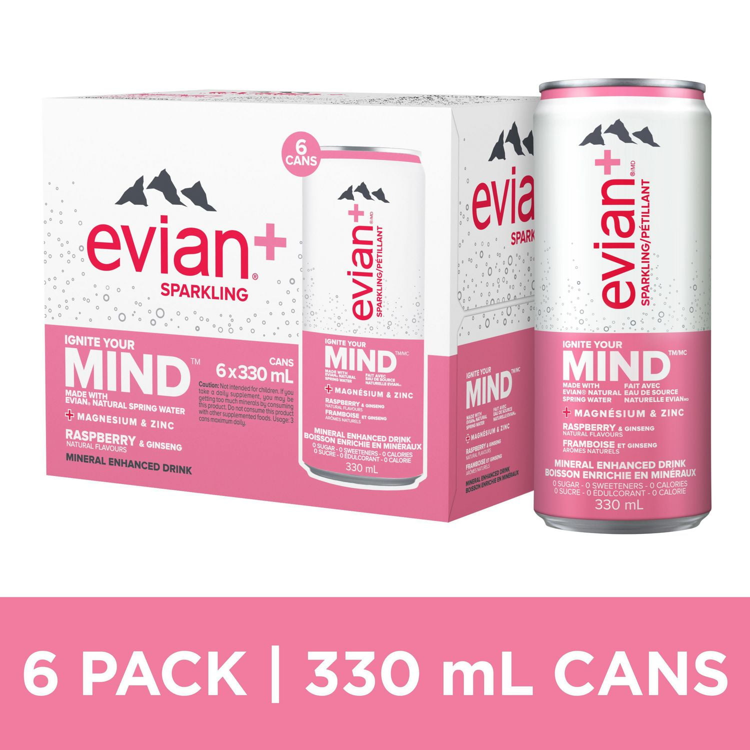 Evian+ Raspberry Ginseng Sparkling Water, 330mL can, 6 pack Walmart