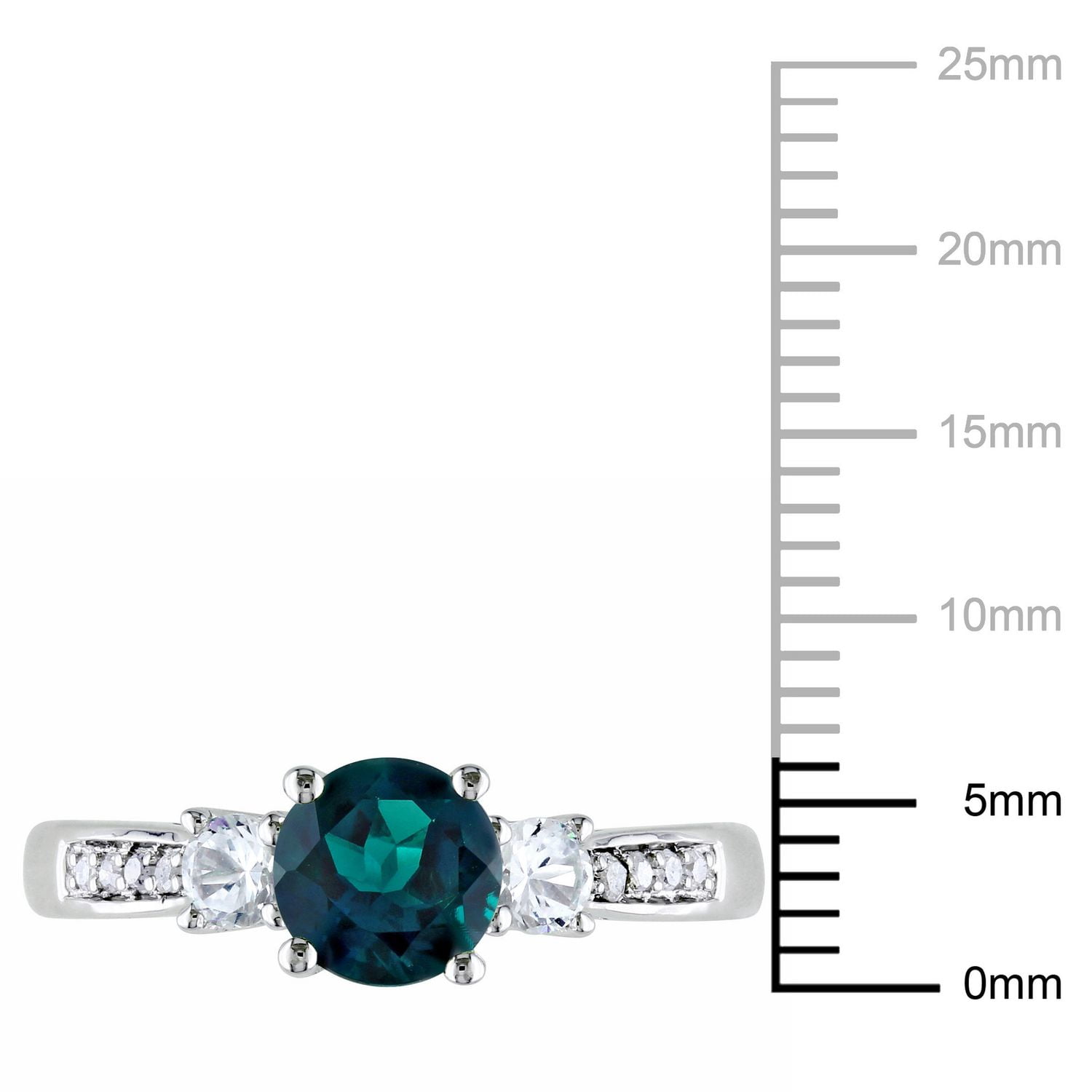 Bague à trois pierres Tangelo avec accents de diamants, saphirs blancs synthétiques et émeraude synthétique 1,13 ct PBT en or blanc 10 k