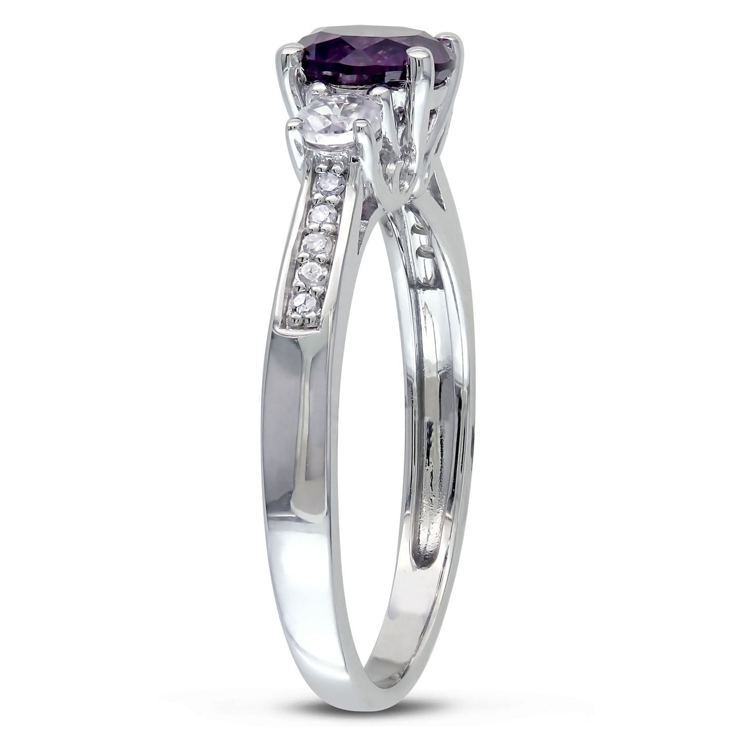 Tangelo 1.33 Carat T.G.W. Simulated Alexandrite with Created White Sapphire and Diamond-Accent 10 K White Gold Three Stone Ring