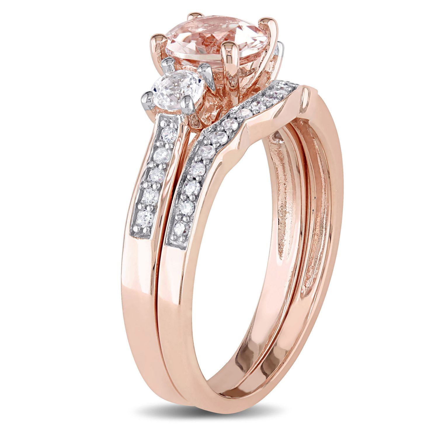 Tangelo 1.14 Carat T.G.W Morganite and Created White Sapphire with 0.14 Carat T.W Diamond 10 K Rose Gold Three Stone Bridal Set