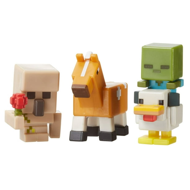 Minecraft coffret de 3 mini-figurines de collection - Golem de fer avec fleur, Poule zombie et Cheval palomino