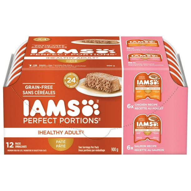 IAMS Perfect Portions Pâté Healthy Adult Recette au poulet et Recette au saumon sans céréales 12x75g