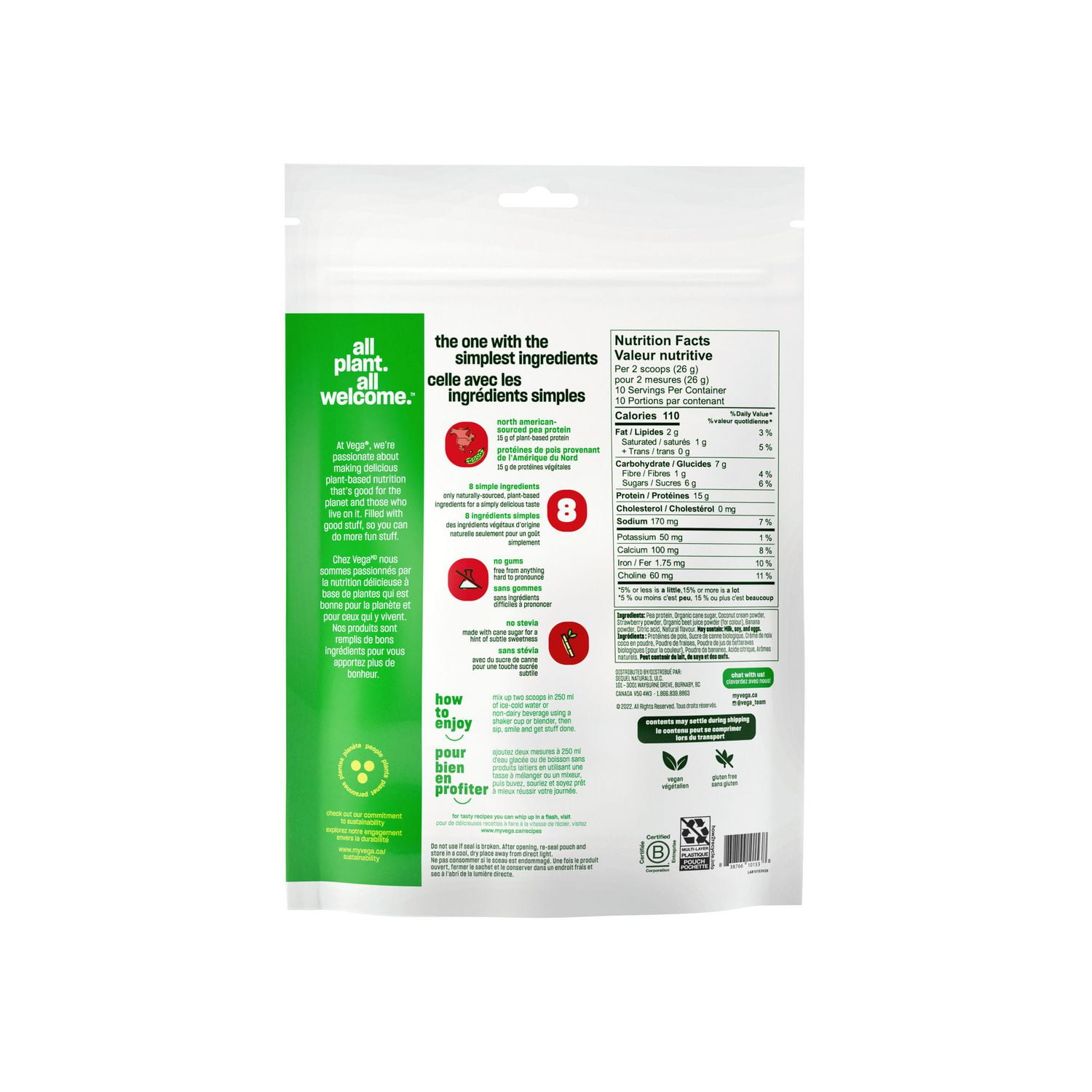 Plant Based Vega Protein Made Simple, Strawberry Banana 263g