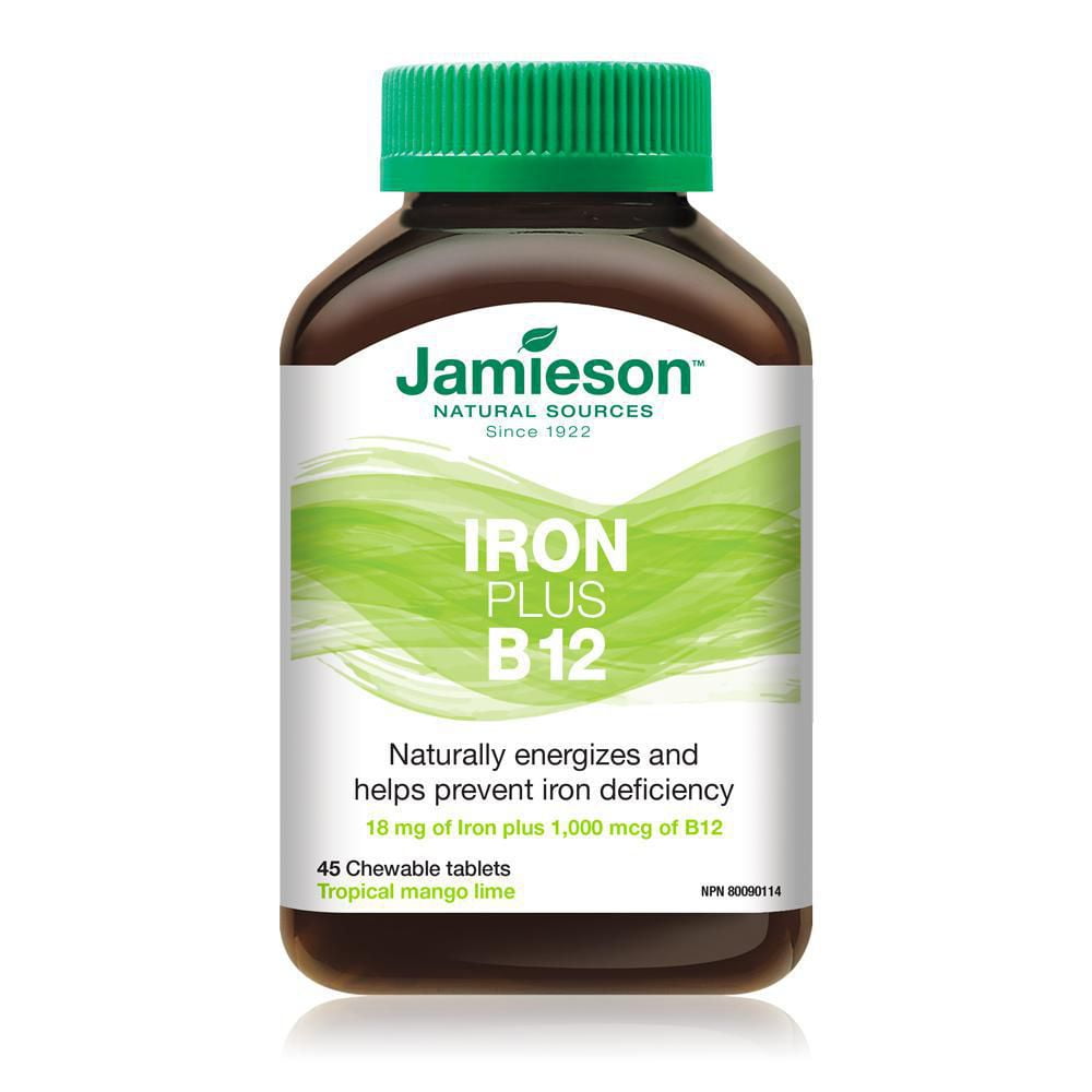 Jamieson Iron Plus Vitamin B12 Chewable Tablets, 45 Count