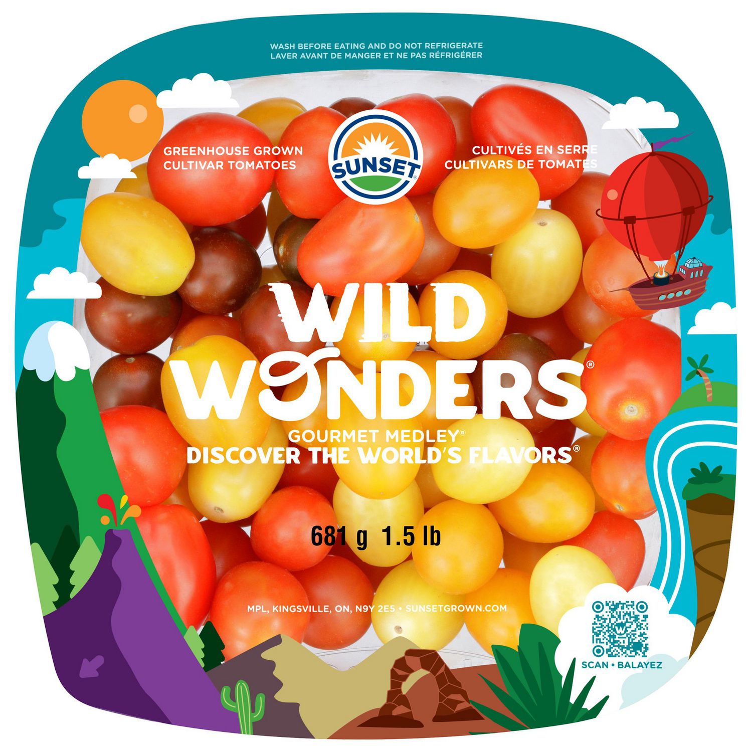 SUNSET Wild Wonders Tomatoes, SUNSET Wild Wonders Tomatoes, 1.5lb A centered front-facing tray of SUNSET gourmet medley snacking tomatoes in mixed red, orange, yellow and purple hues, assorted round and oblong shapes with reusable film cover visible. Suitable for salads, pasta or snacking; store at room temperature.