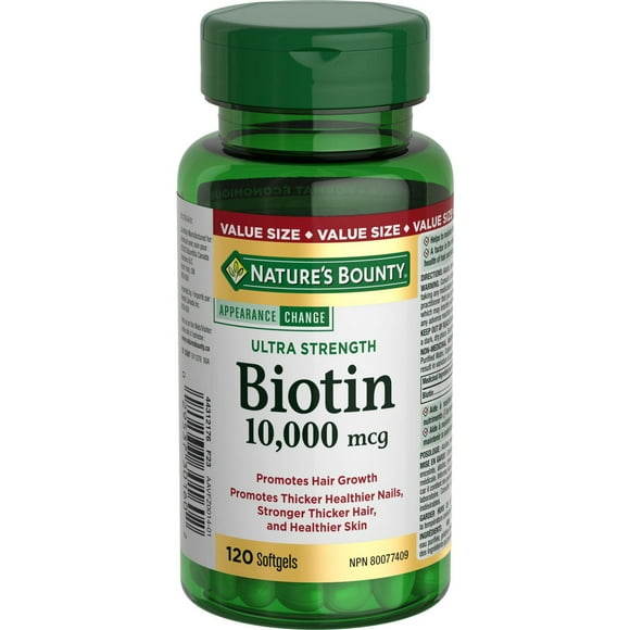 NATURE'S BOUNTY Biotine, ultra-fort, 10&nbsp;000&nbsp;mcg, favorise la croissance des cheveux, des ongles plus épais et plus sains, des cheveux plus forts et plus épais et une peau plus saine, aide à métaboliser les nutriments, gélules 120 paquet 120 gélules