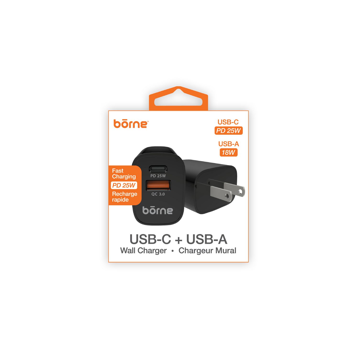 25W PD USB-C + USB-A WALL CHARGER - BLACK compact black rectangular wall charger with one USB-C Power Delivery port and one USB-A port, fold-down AC prongs and matte plastic finish; often used for charging smartphones and compact power banks while traveling.
