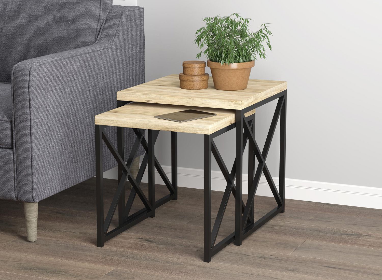 wood and metal nesting tables