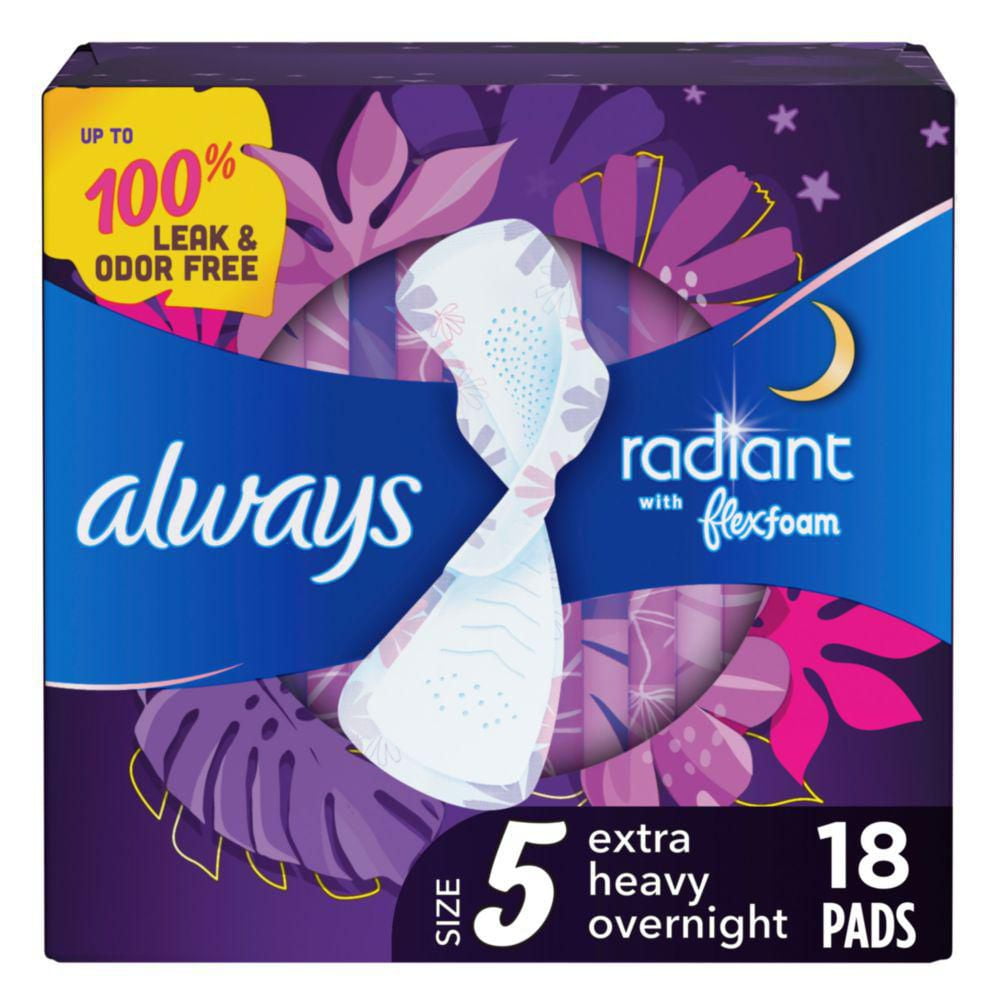 Always Radiant Overnight Feminine Pads for Women, Size 5 Extra Heavy  Nighttime, with Wings, Scented, 18ct