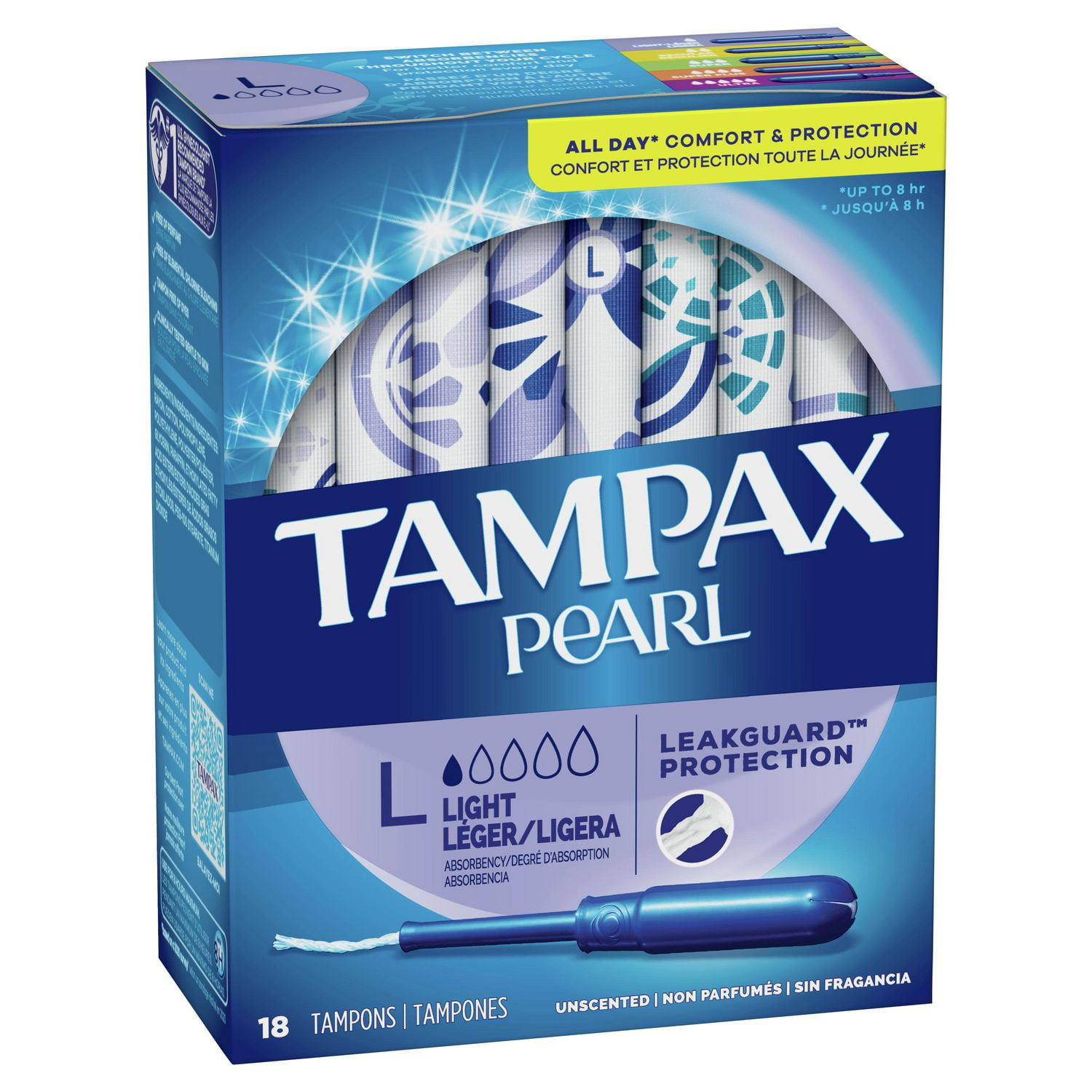 Tampax Pearl Tampons Light Absorbency with BPA-Free Plastic Applicator and  LeakGuard Braid, Unscented, 18 Count