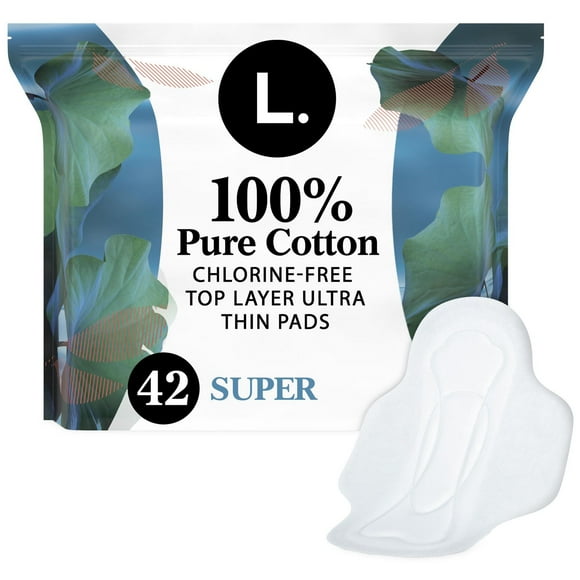 L. Ultra Thin Pads for Women, Super Absorbency, 100% Pure Cotton Top Layer, Unscented Pads with Wings, 42CT