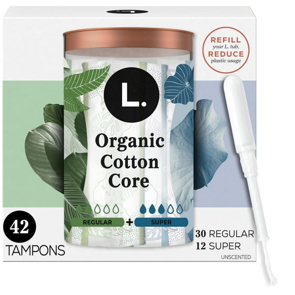 L. Cotton Tampons Regular/Super Absorbency Multipack, Free from Chlorine Bleaching, Pesticides, Fragrances, or Dyes, 42CT
