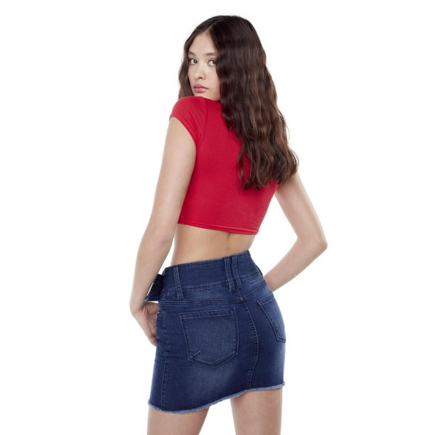 Jeaniologie ™ Ladies Mini Skirt With Attached Self Belt + Adjustable Buckle  - Dark Blue 