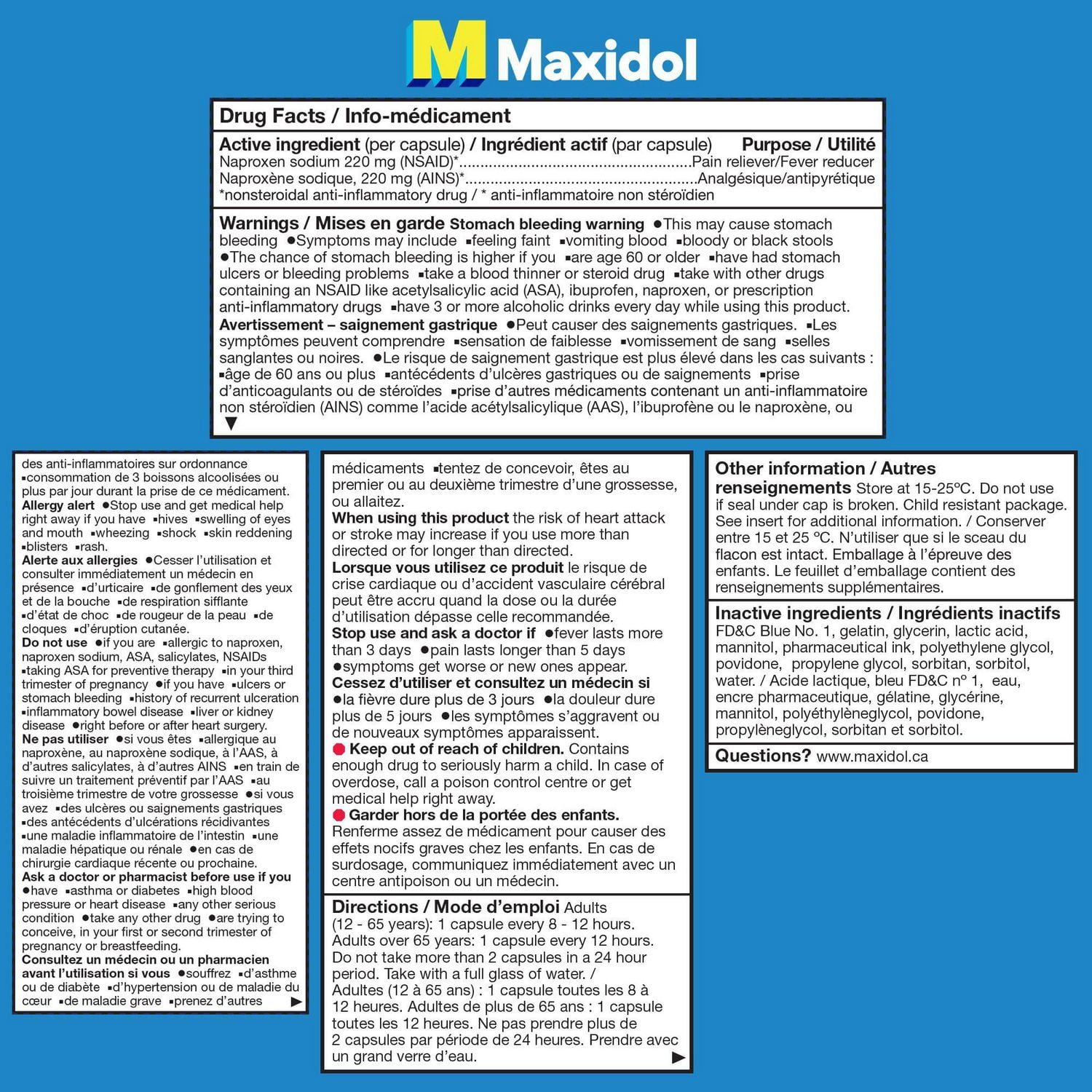 Maxidol en gélules liquides, offrant un soulagement rapide de la douleur, tels que les crampes menstruelles, les maux de tête, les maux de dos, les migraines et les douleurs musculaires, naproxène sodique à 220 mg